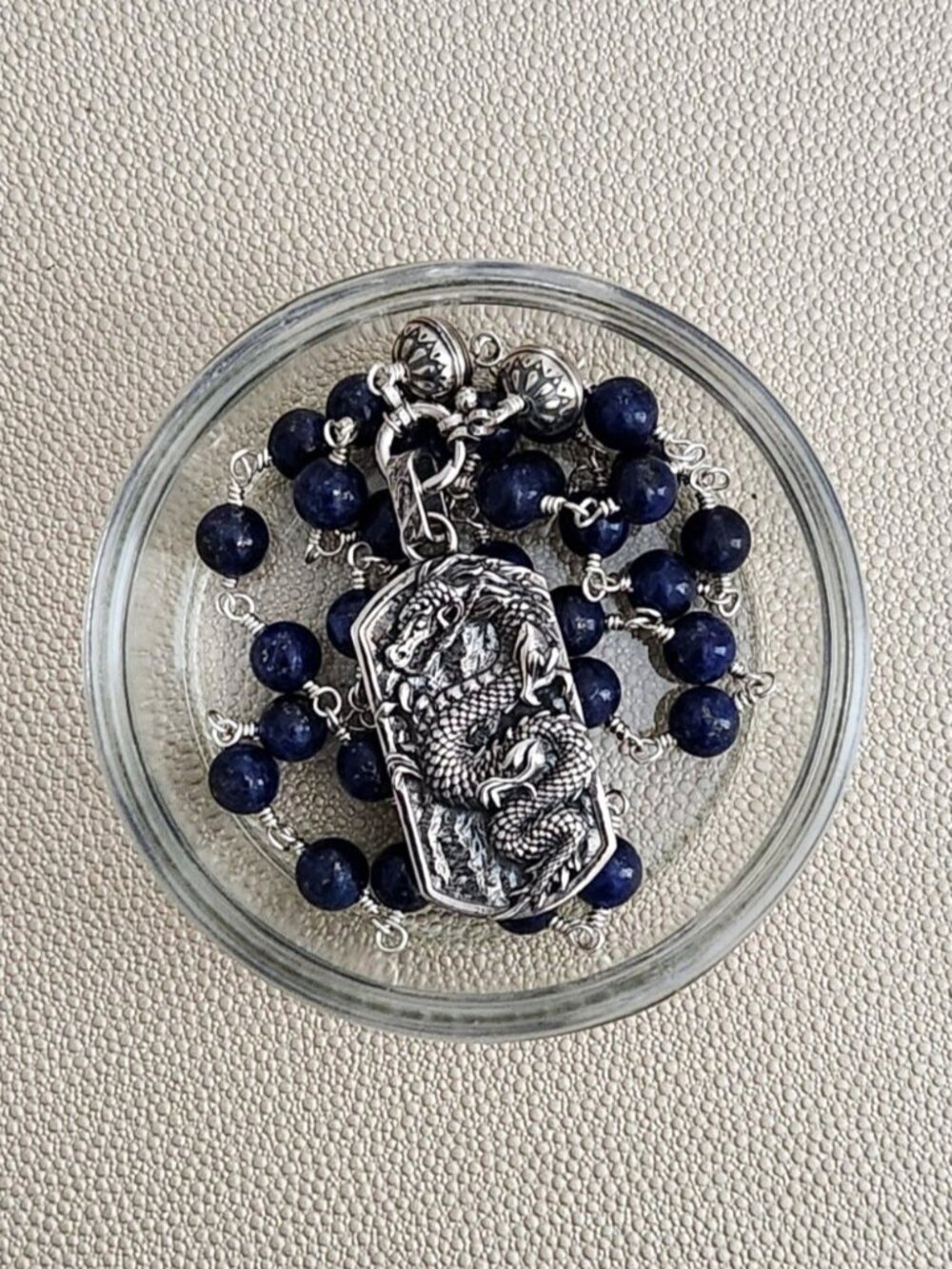 8MM LAPIS LAZULI NECKLACE W/ 925 SILVER DRAGON--26"